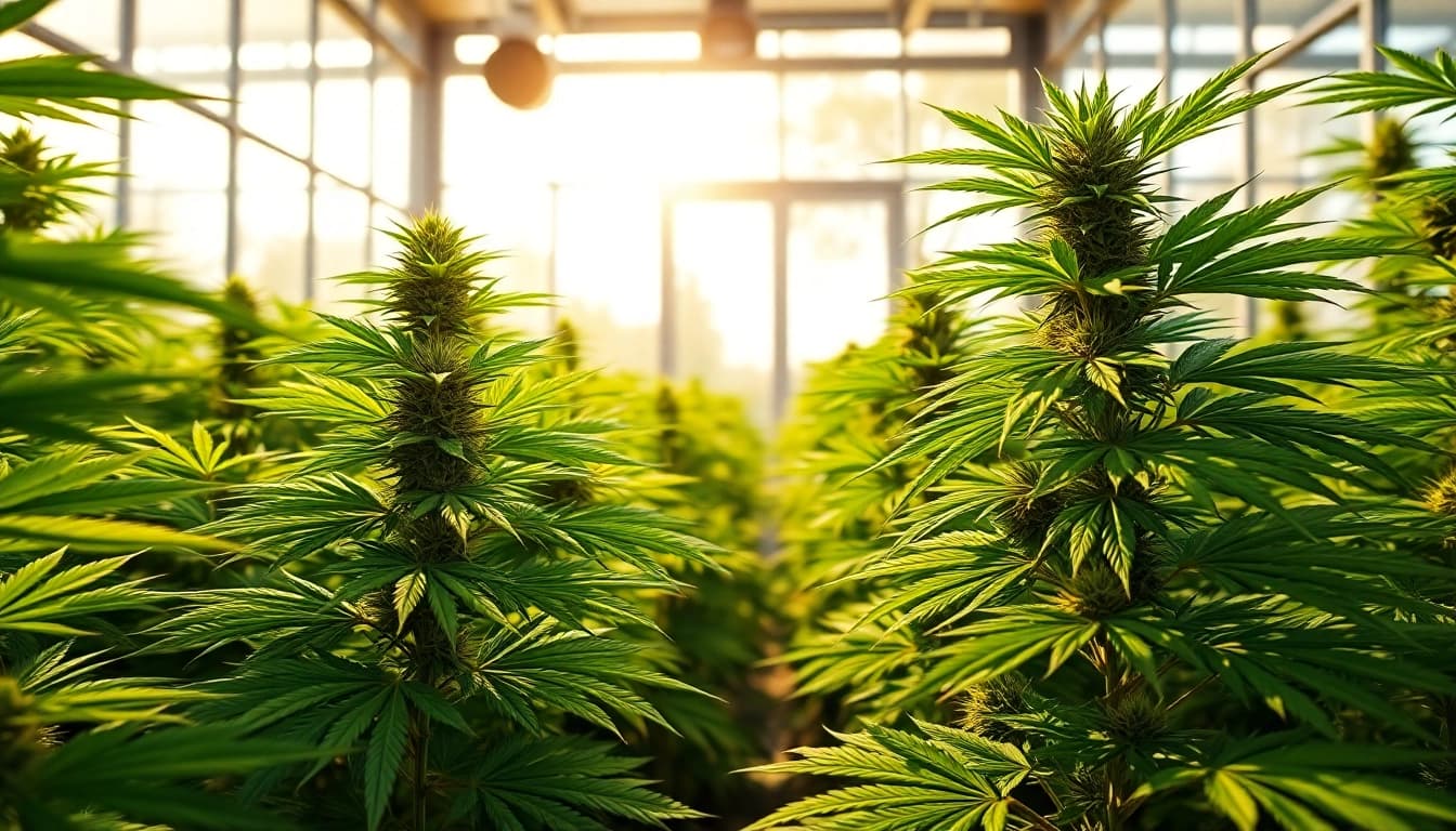 Die Bluetenbande zeigt lebendige Cannabis-Pflanzen in einem nachhaltigen Anbauraum.