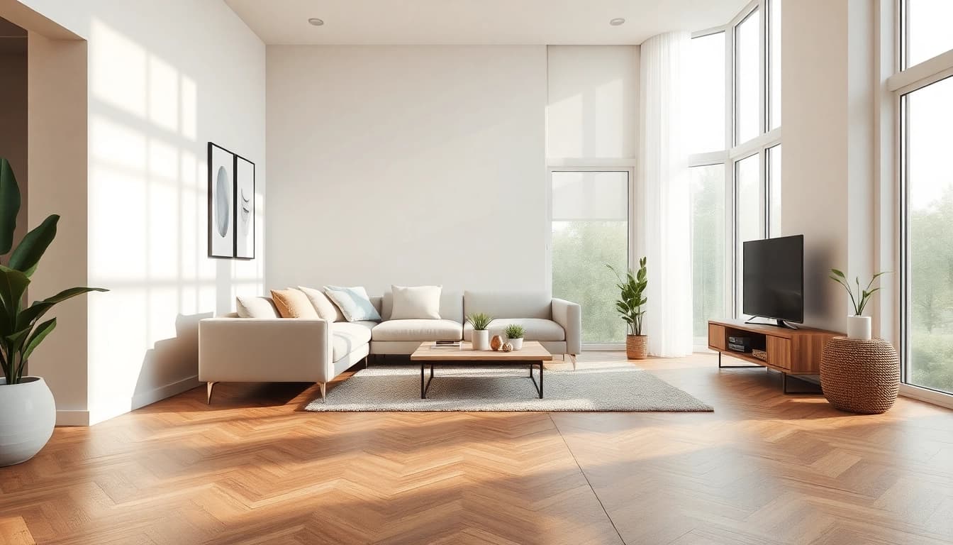 Carrelage imitation parquet présenté dans un salon moderne.