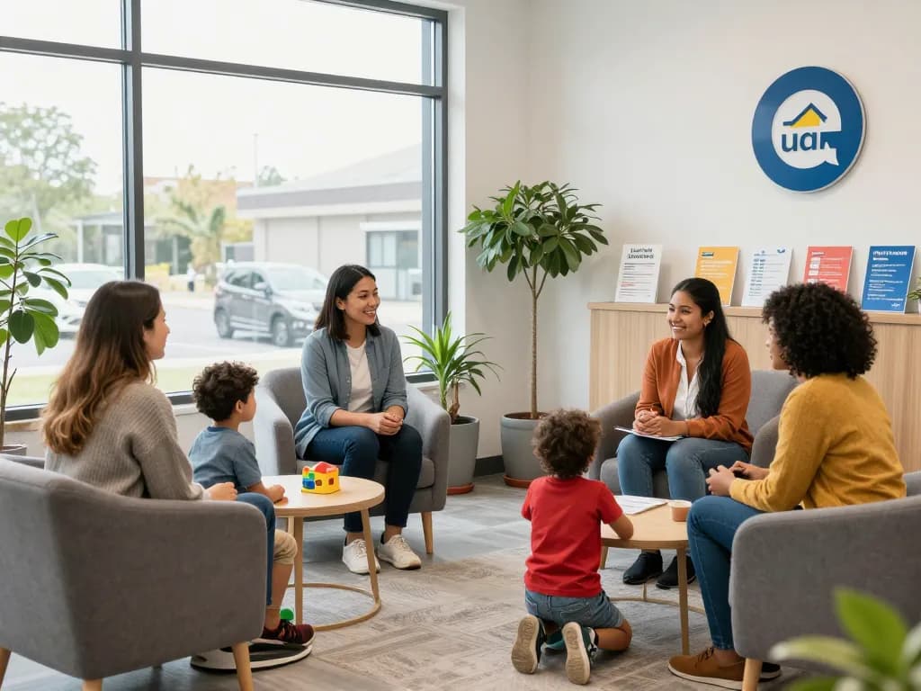 Community-focused credit union scene with friendly staff assisting families in a bright, inviting environment.