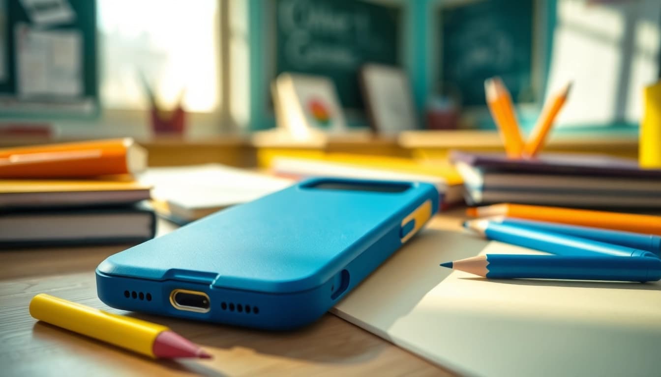 Handytasche Schule auf einem Schreibtisch mit Schulmaterialien, ideal für Schüler.