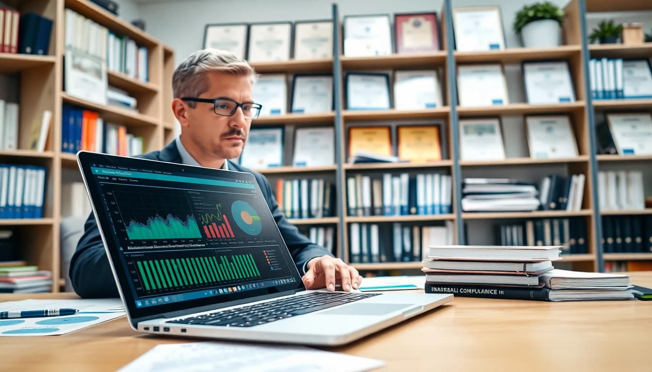 Consultant analyzing grants and pre-post award compliance in a bright office setting.