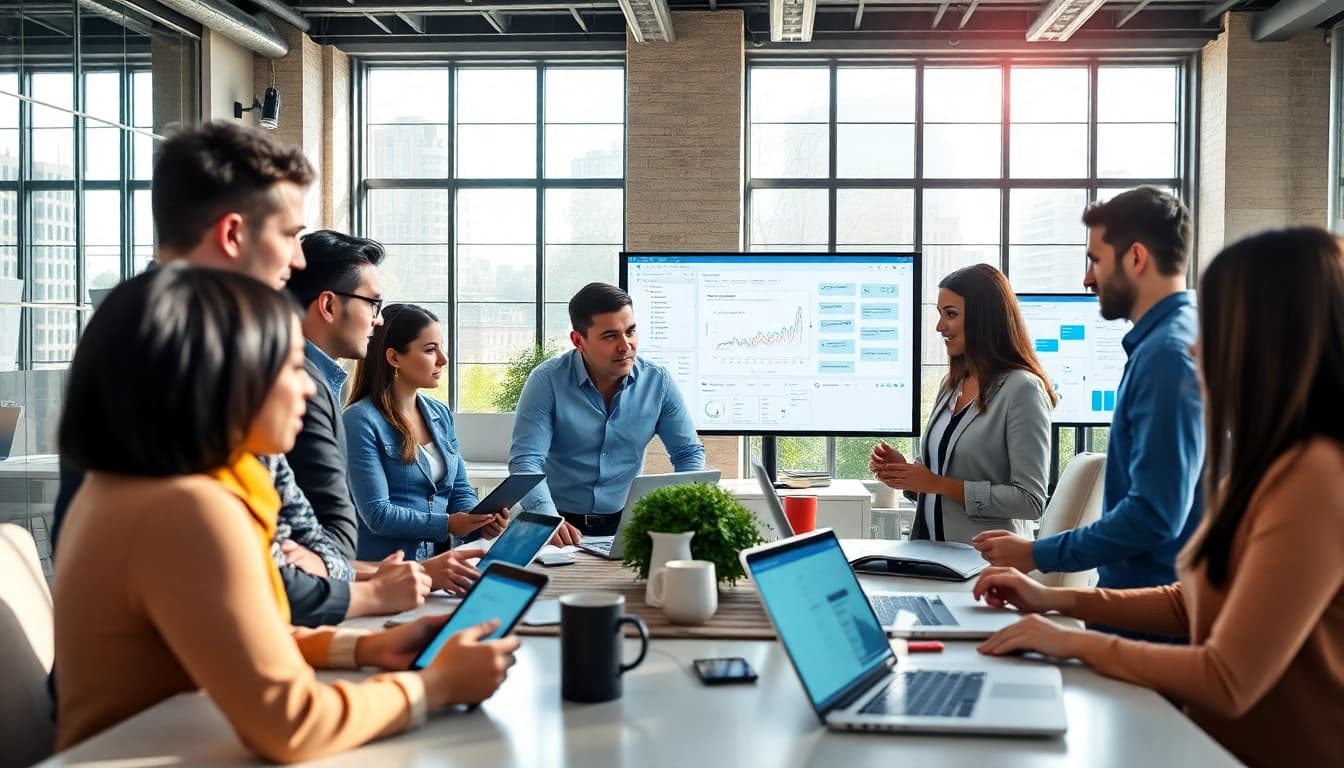 Showcasing enterprise assistant software in a collaborative office setting with diverse professionals.