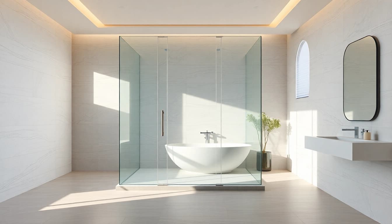 Admire la paroi de douche à l'italienne moderne dans une salle de bains élégante.
