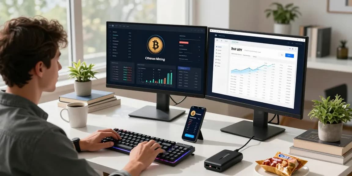cloud mining platform workspace with Bitcoin mining charts and digital wallet