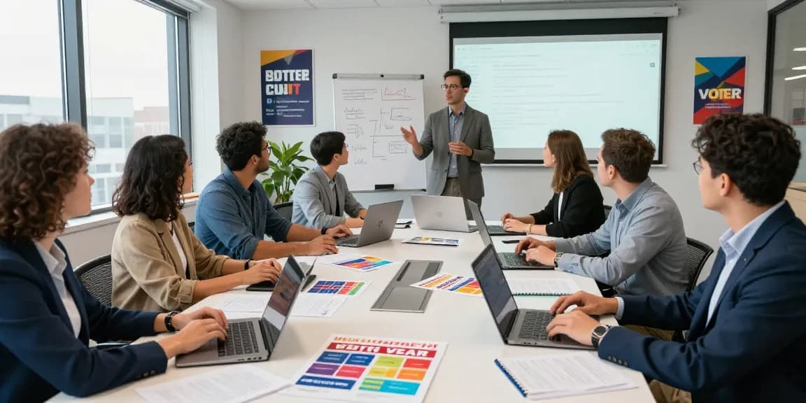 Powerful team strategizing radio advertising for political campaigns in a bright office.