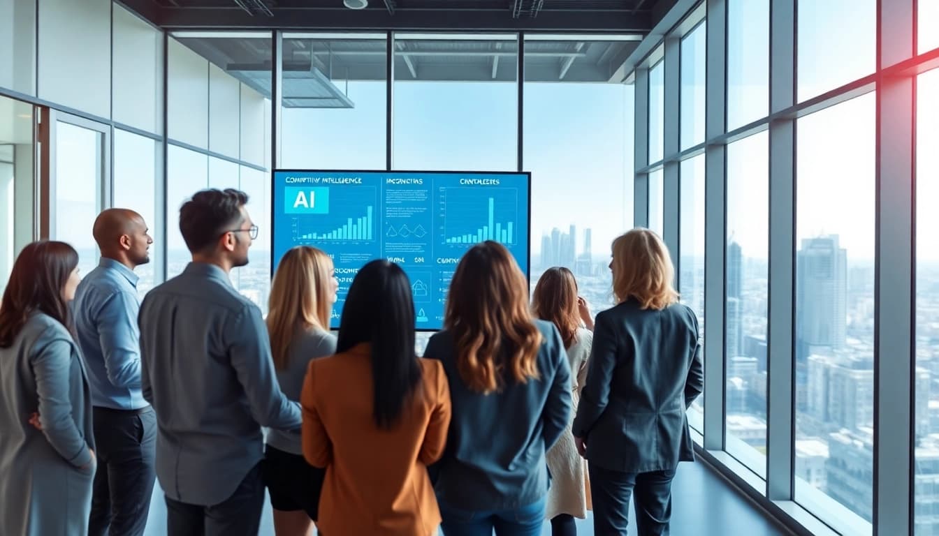 Illustration of professionals utilizing AI for competitive intelligence strategies in a collaborative office.