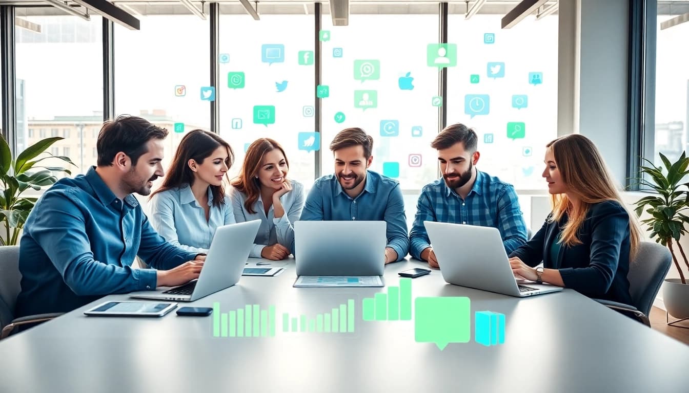 Engaging teamwork among social media marketing companies Edmonton in a vibrant office.