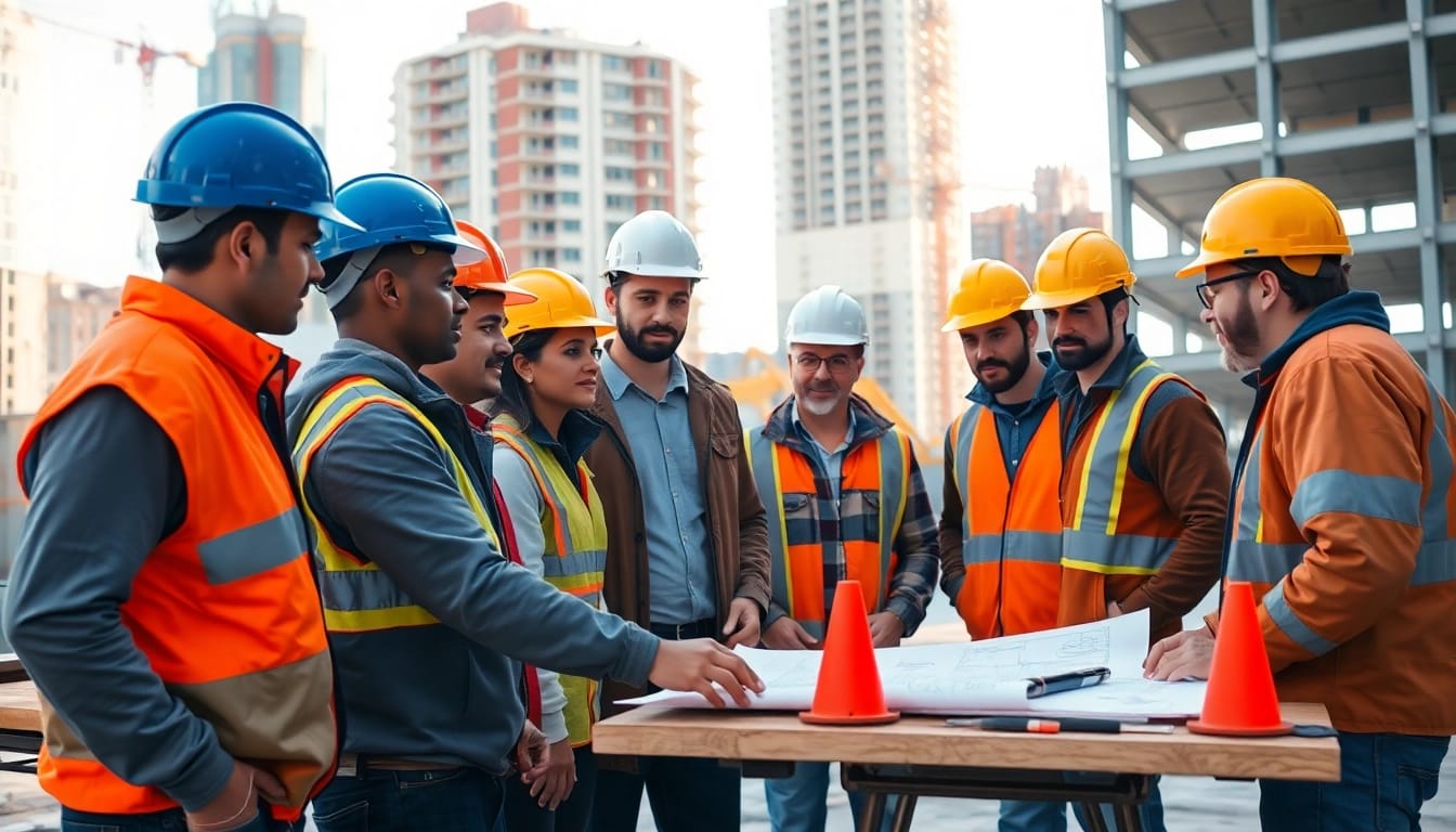 Construction workforce development illustrated by diverse workers planning on-site with tools and blueprints.