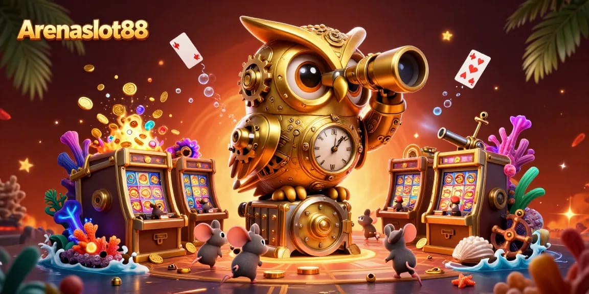 Arenaslot88 delights with a vibrant, immersive casino scene featuring a golden owl and wind-up mice among treasures.