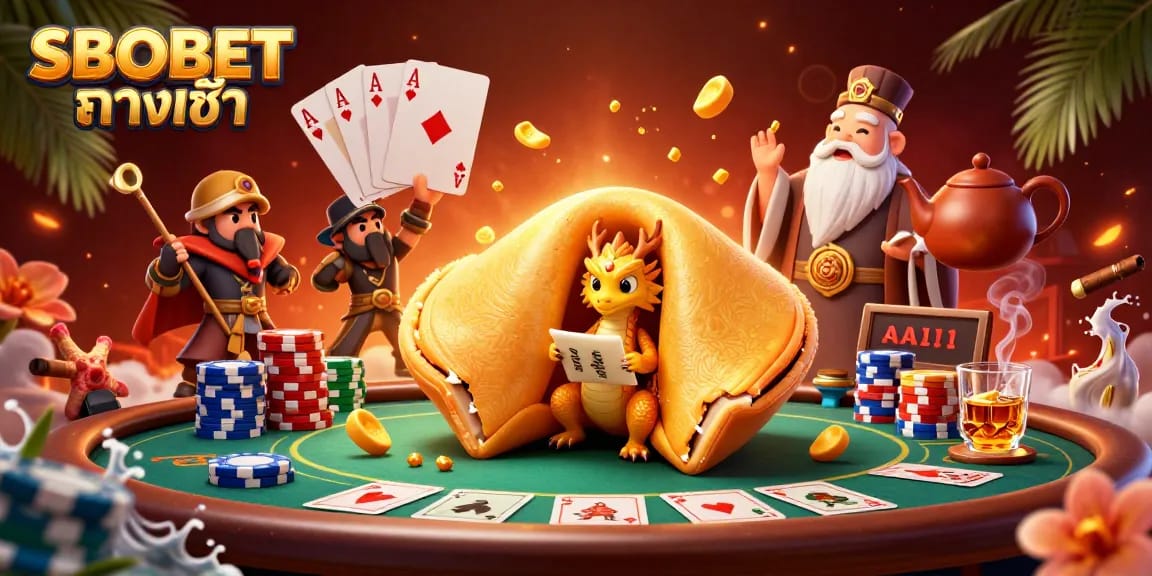 SBOBET ทางเข้า gaming illustration featuring a golden fortune cookie and poker elements