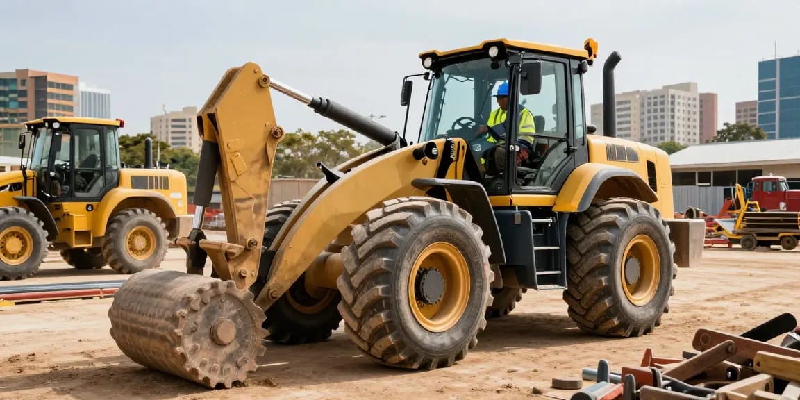 Professional inspection of tlb tyres on a backhoe at a Durban construction site, highlighting performance and durability.
