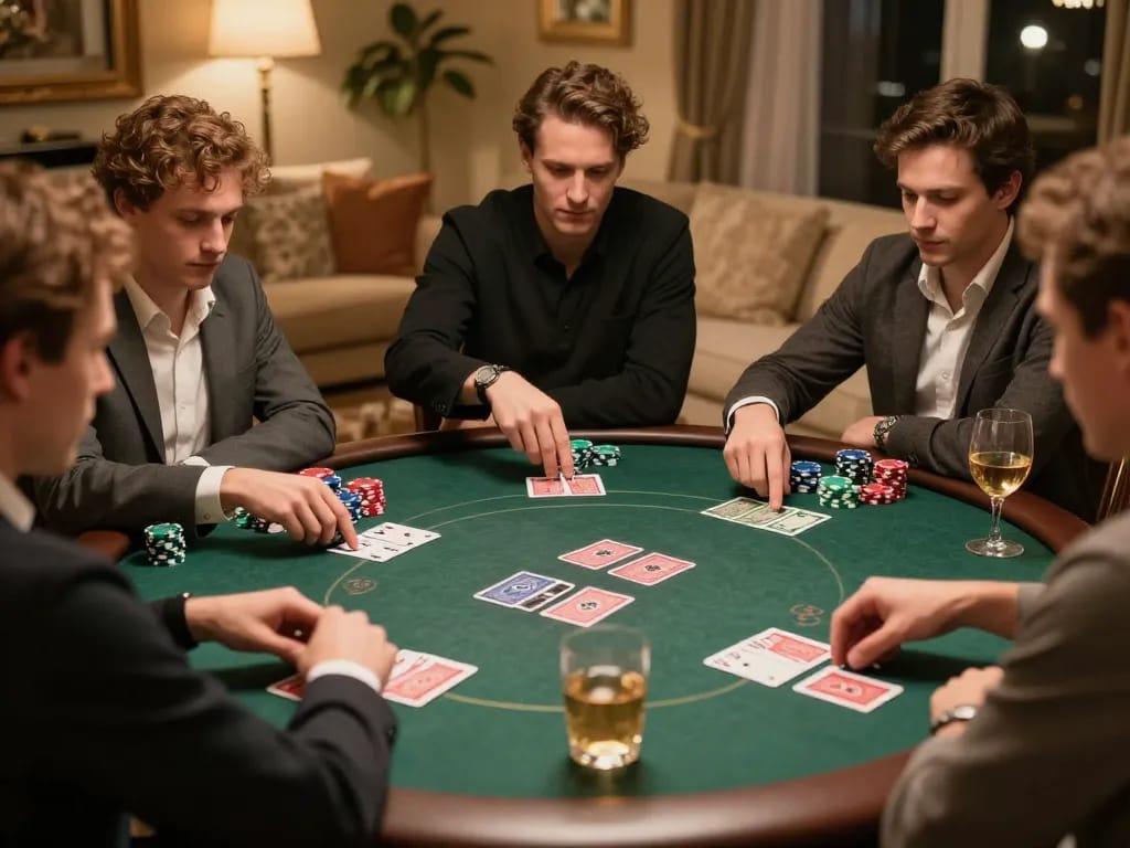 Engaged players strategize their moves at a friendly poker night, showcasing the excitement of paris888 gaming.