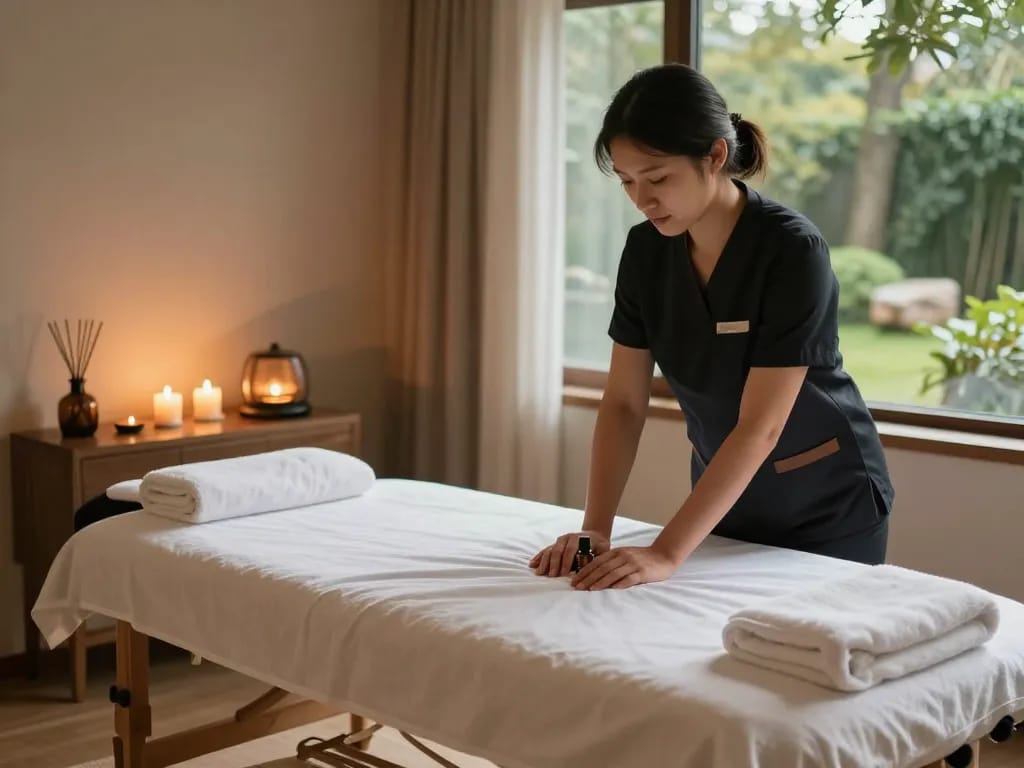 Relaxing Swedish massage setup in a tranquil spa room, showcasing essential oils and calming atmosphere at https://www.makangs.com/region/국내/서울-/마사지-스웨디시.