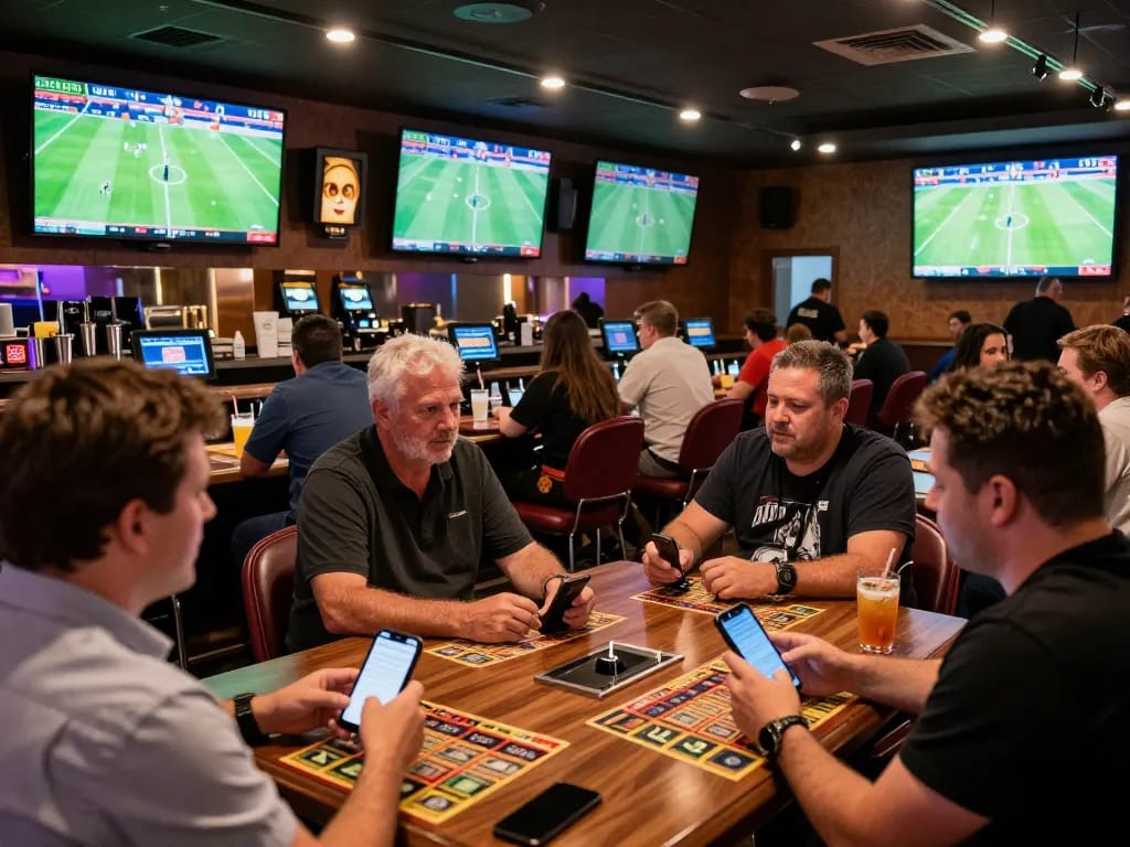 Kqbd mới nhất hôm nay - Excited patrons placing bets and enjoying football matches in a luxury sports betting lounge