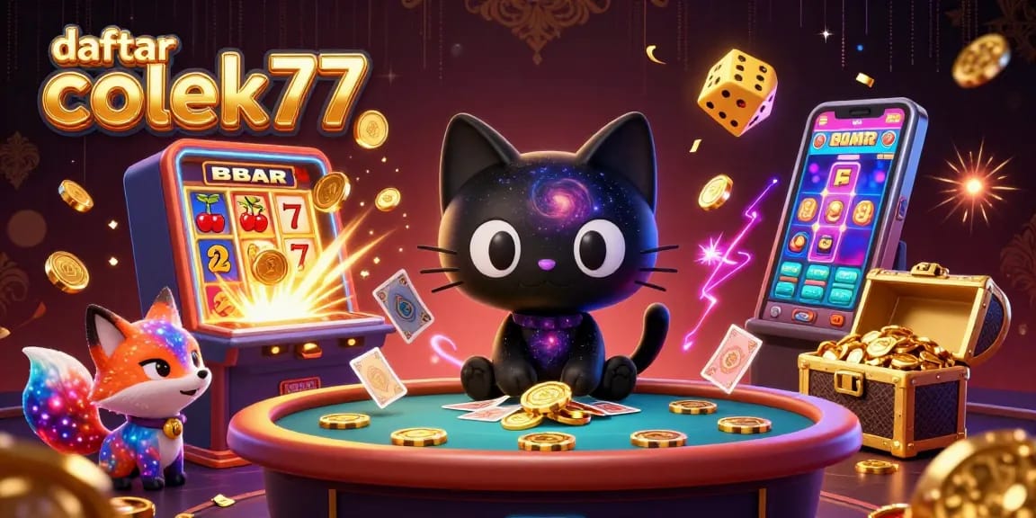 daftar colek77 engages players at a vibrant casino table with colorful characters and exciting gaming elements.
