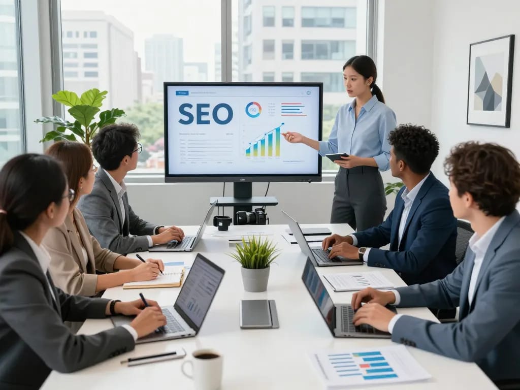 SEO Company in NYC team collaborating in a modern office on digital marketing strategies.