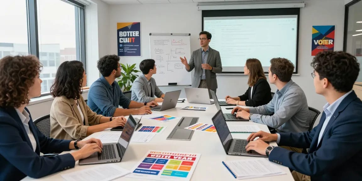 Powerful team strategizing radio advertising for political campaigns in a bright office.