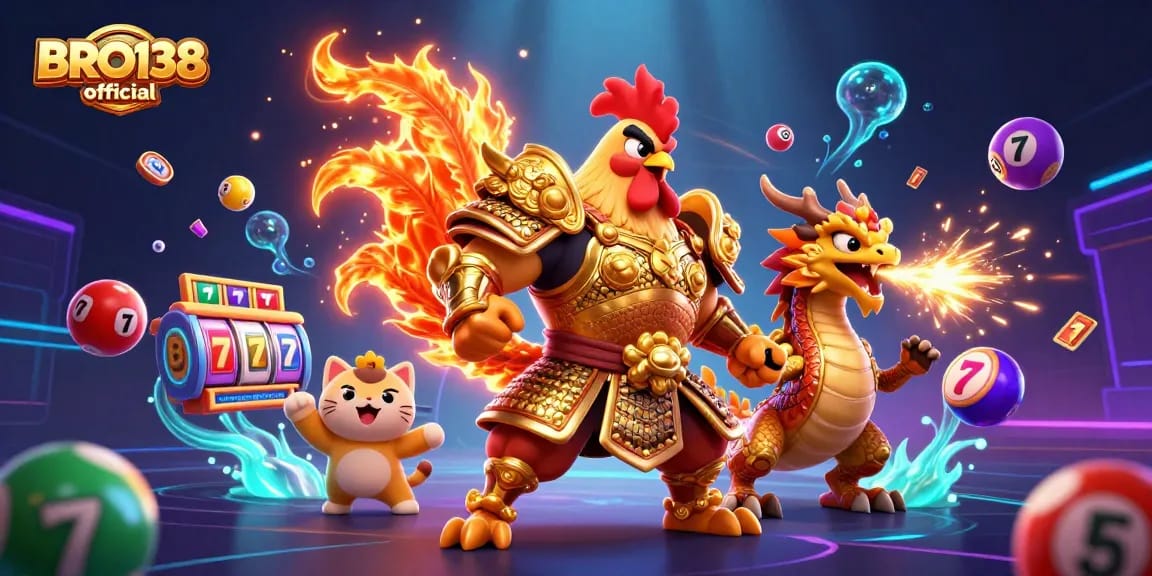 Play exciting slots at BRO138 official with a vibrant illustration of gambling action featuring unique characters.