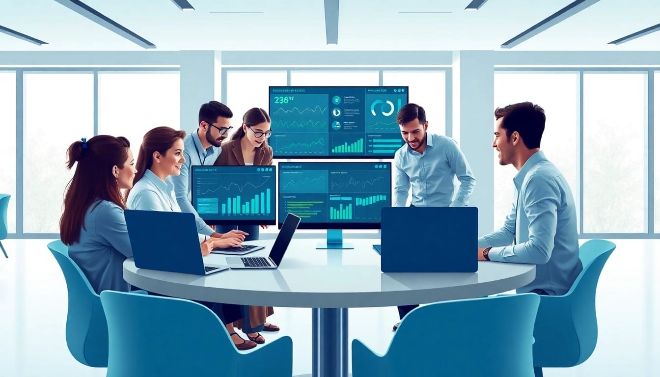 Showcasing managed IT services teamwork in a modern office environment with diverse professionals collaborating effectively.