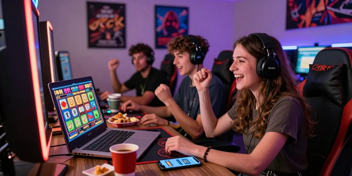 Exciting moment at credit card casinos with UK players enjoying games on laptops, vibrant graphics, and snacks.