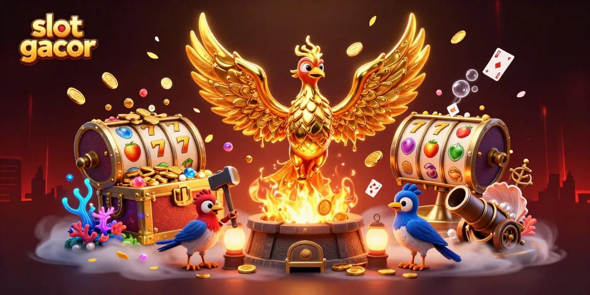 Spin and win at slot gacor, featuring a dynamic golden phoenix and vibrant gaming elements.
