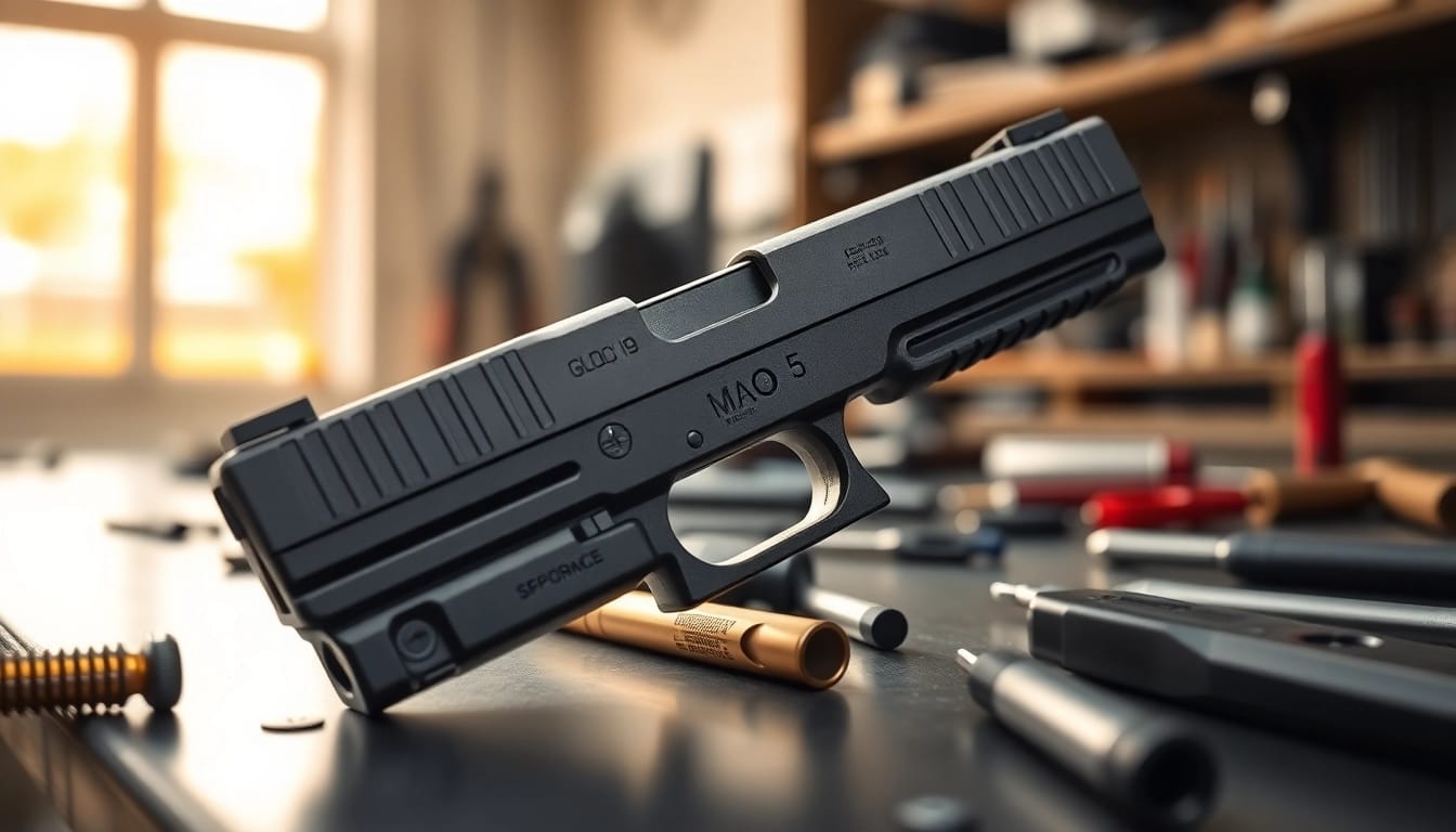 Showcasing the glock 19 gen 5 mos slide with detailed craftsmanship on a workshop bench.