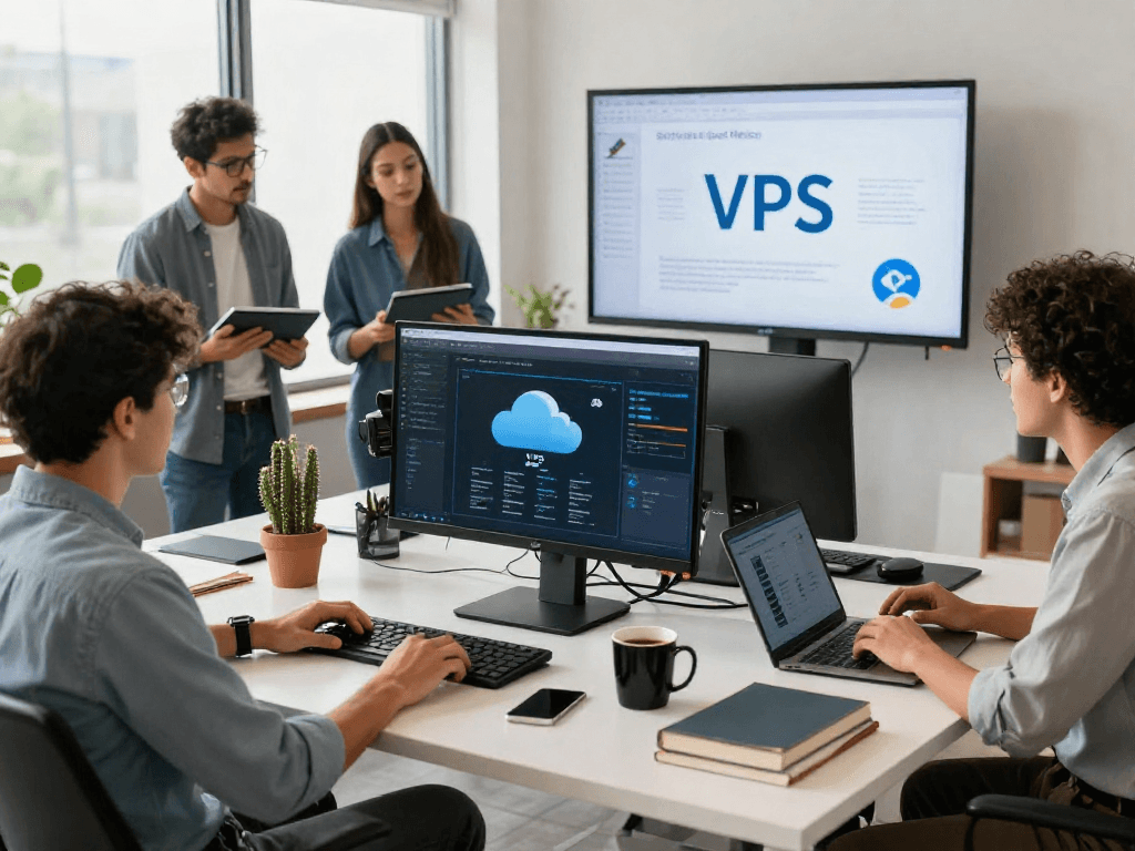 Escena de trabajo colaborativo sobre VPS Hosting en México con profesionales analizando infraestructura en un entorno moderno.