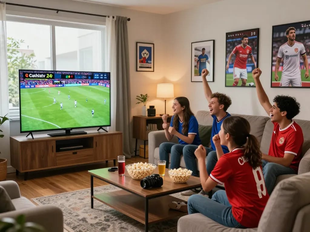 Cakhiatv 24h live viewing party scene with fans cheering in a cozy living room atmosphere.