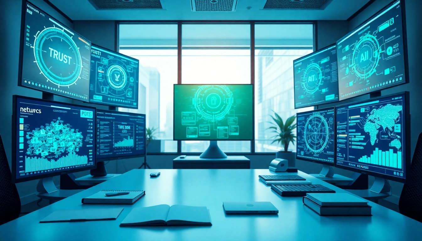 Cybersecurity AI workspace with data visualizations and modern technology.