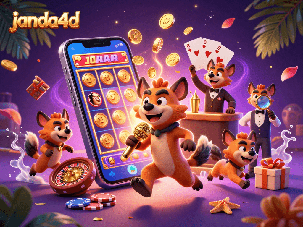 Permainan judi online janda4d menghibur di kasino kartun dengan hewan hyena yang lucu dan elemen interaktif.