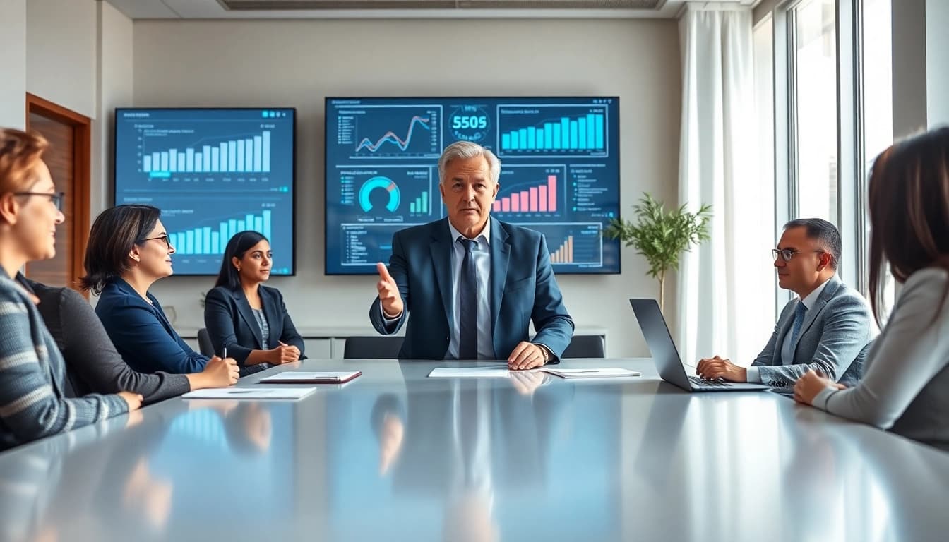 Crisis management consultant presenting strategic solutions to executives in a modern office.