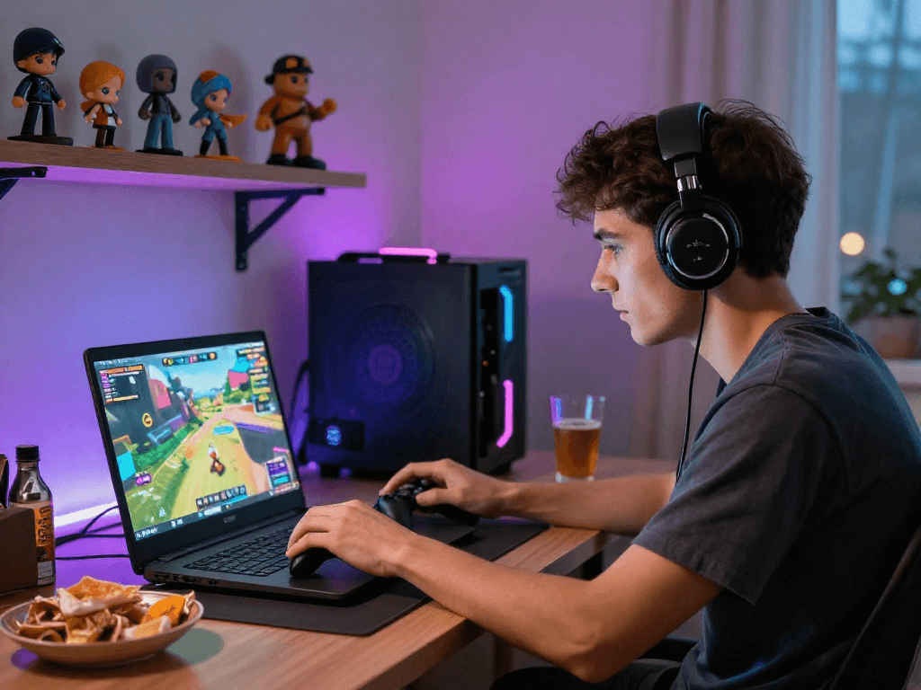 Engaged player enjoying an adult game on laptop with vivid graphics and illuminated gaming setup.
