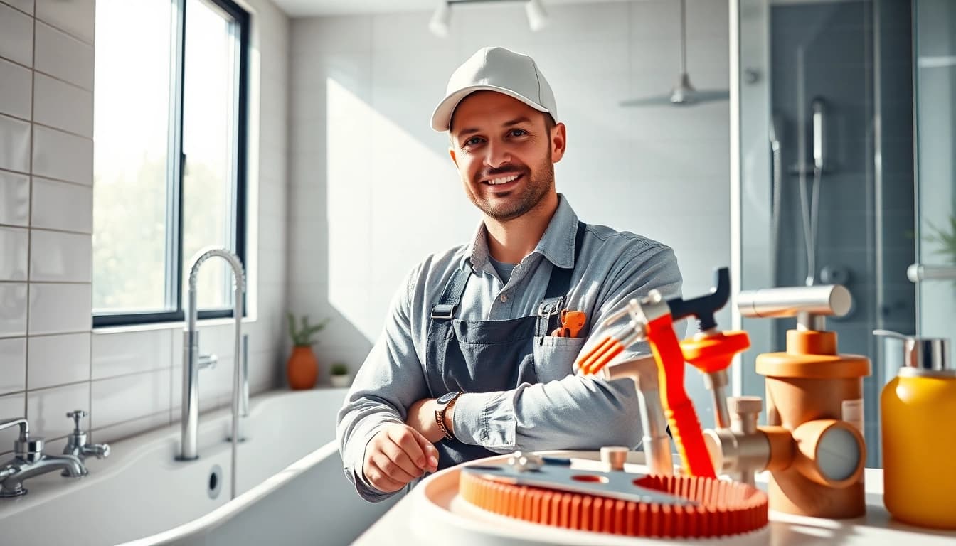 Sonni sanitär GmbH zeigt einen professionellen Klempner in einem modernen Badezimmer.