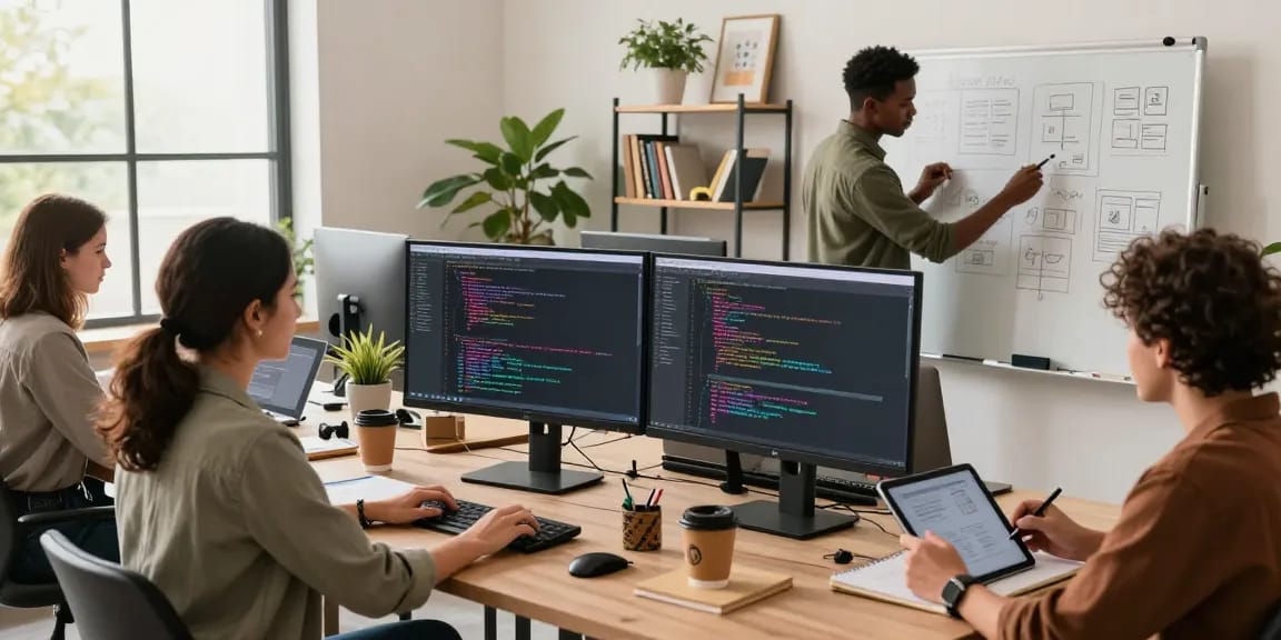 Team collaborating on innovative crushon tech projects in a modern office