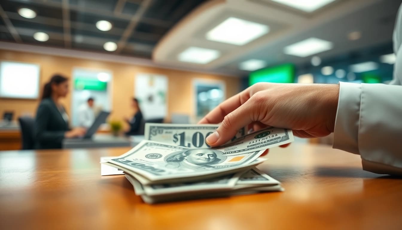 Proses deposit 1k tunai di bank dengan fokus jelas pada uang dan dokumen.
