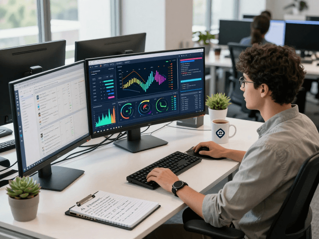 AI detector workspace with screens showing content moderation tools and analytics.