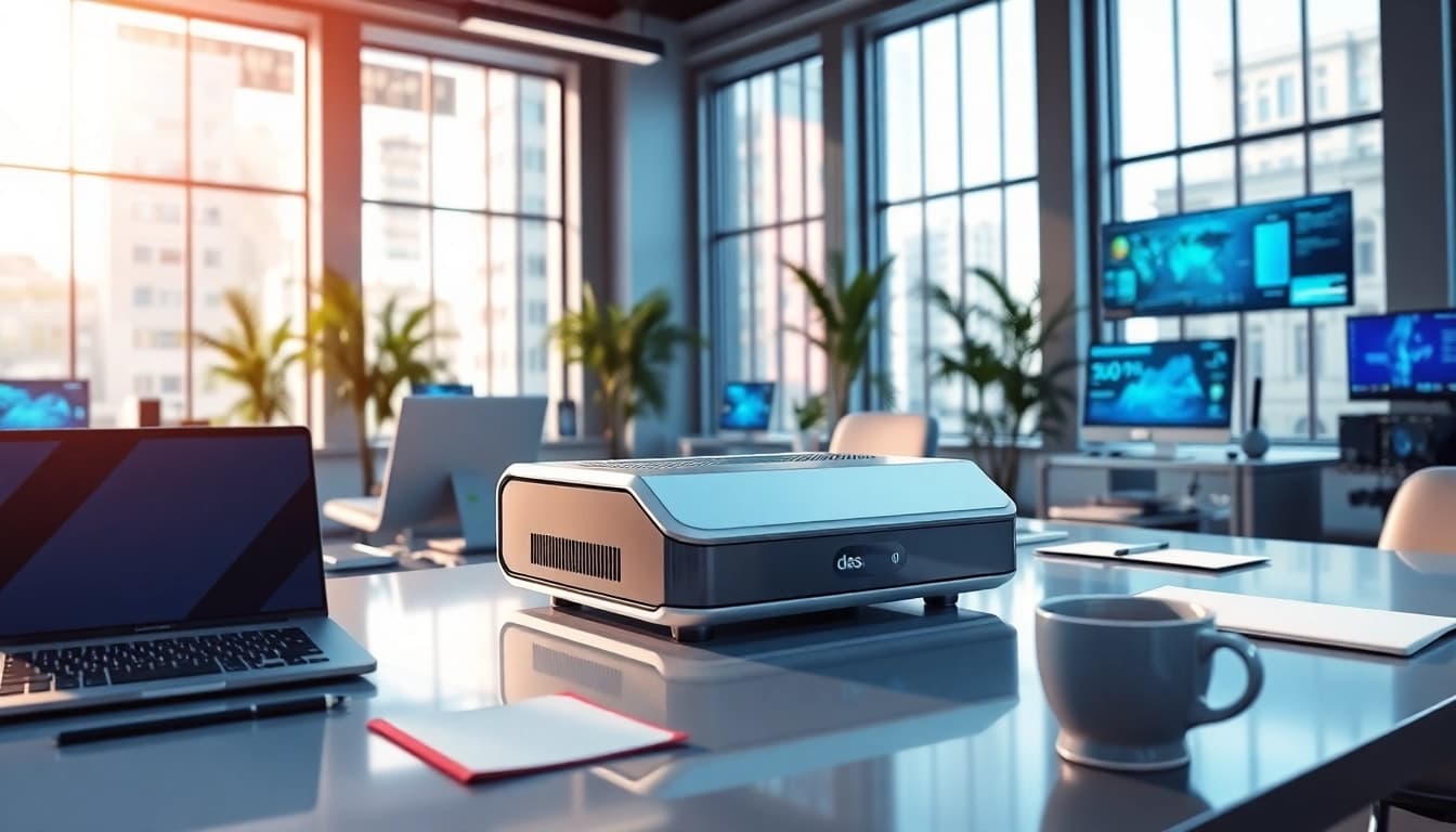Analyze the features of das 140 device in a modern office setting.