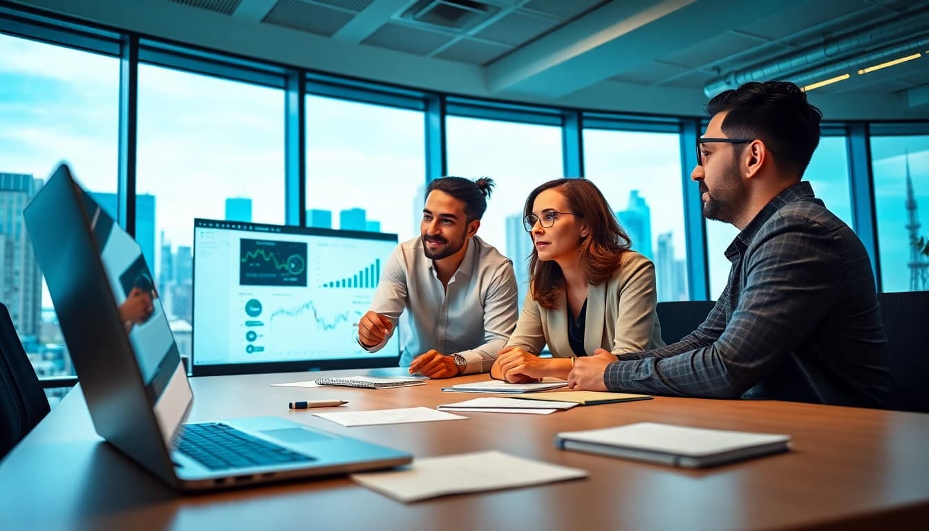 Hire account executives collaborating in a professional setting, analyzing data on a screen.