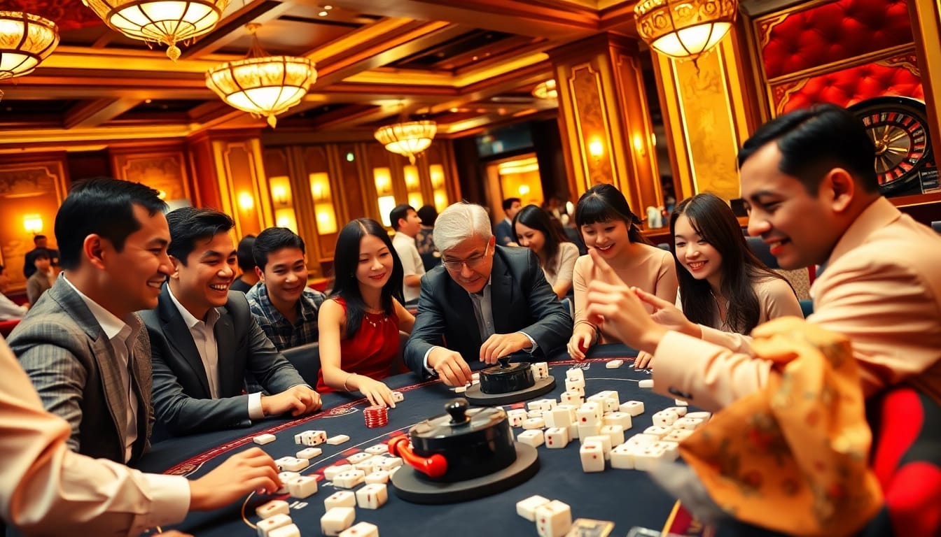 Para pemain menikmati permainan link mahjong yang mendebarkan di meja kasino mewah, menampilkan permainan strategis dan kegembiraan.