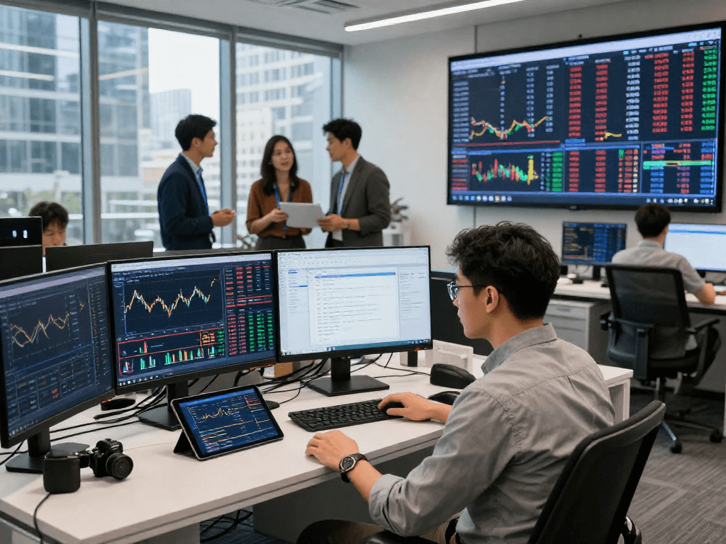 Data analyst engaging with Nasdaq stock data feed charts in a modern trading office environment.