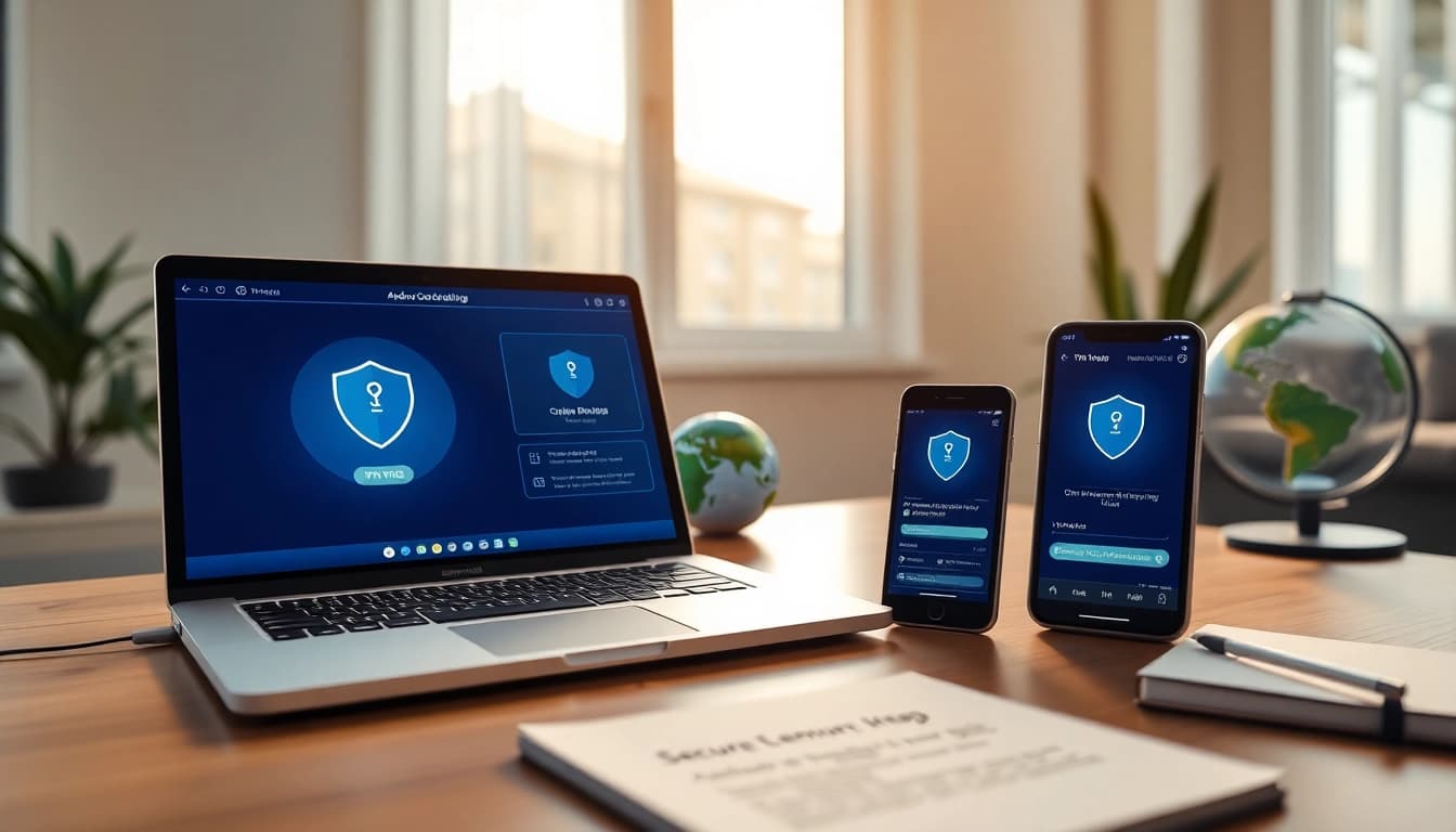 在现代数字化工作空间中显示的快连 VPN 界面,屏幕上有地球仪和记事本,象征全球互联与隐私。