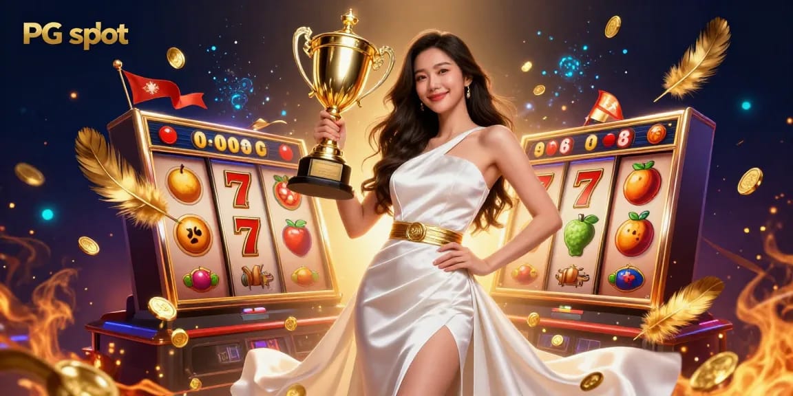 Spin the reels of PG slot in an exciting casino atmosphere with a victorious trophy holder.
