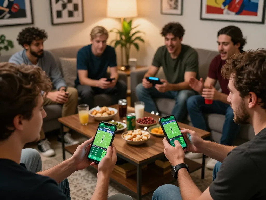 Kèo nhà cái 55 sports betting experience with friends in a lively living room, showcasing live odds on a smartphone.