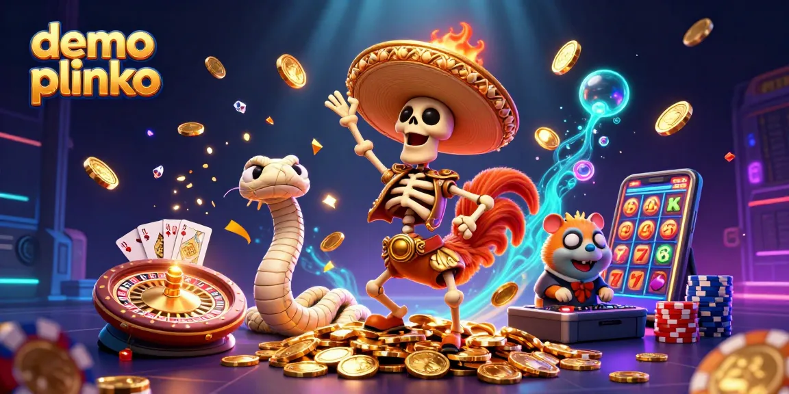 Play demo plinko with a lively illustration featuring a mariachi rooster, mummy snake, and DJ hamster amid casino excitement.
