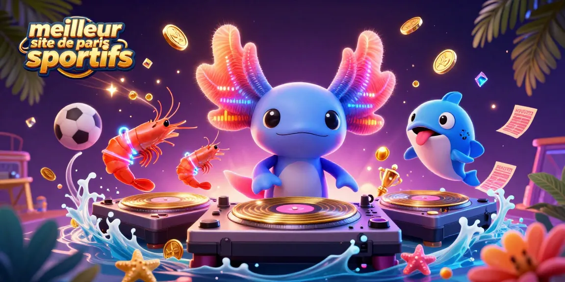 Image illustrant le meilleur site de paris sportifs avec un DJ axolotl vibrant et des éléments de jeu captivants.