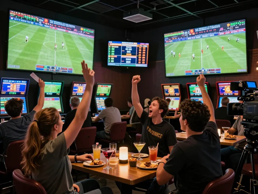 CakhiaTV users excitedly placing bets while watching live football matches in a packed sports lounge.