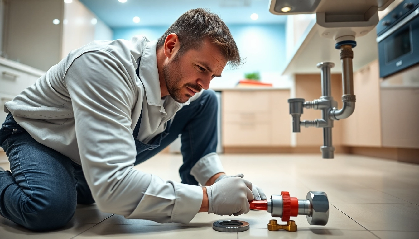Plumber near me fixing a sink in a bright kitchen, showcasing skill and expertise.