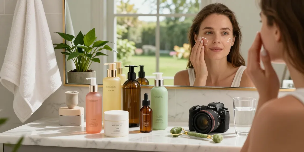 Aplicând produse skincare într-o baie luxoasă cu produse vibrante și elemente naturale.