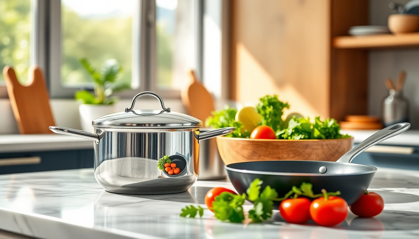 Cookware set displayed in a modern kitchen with vibrant vegetables.