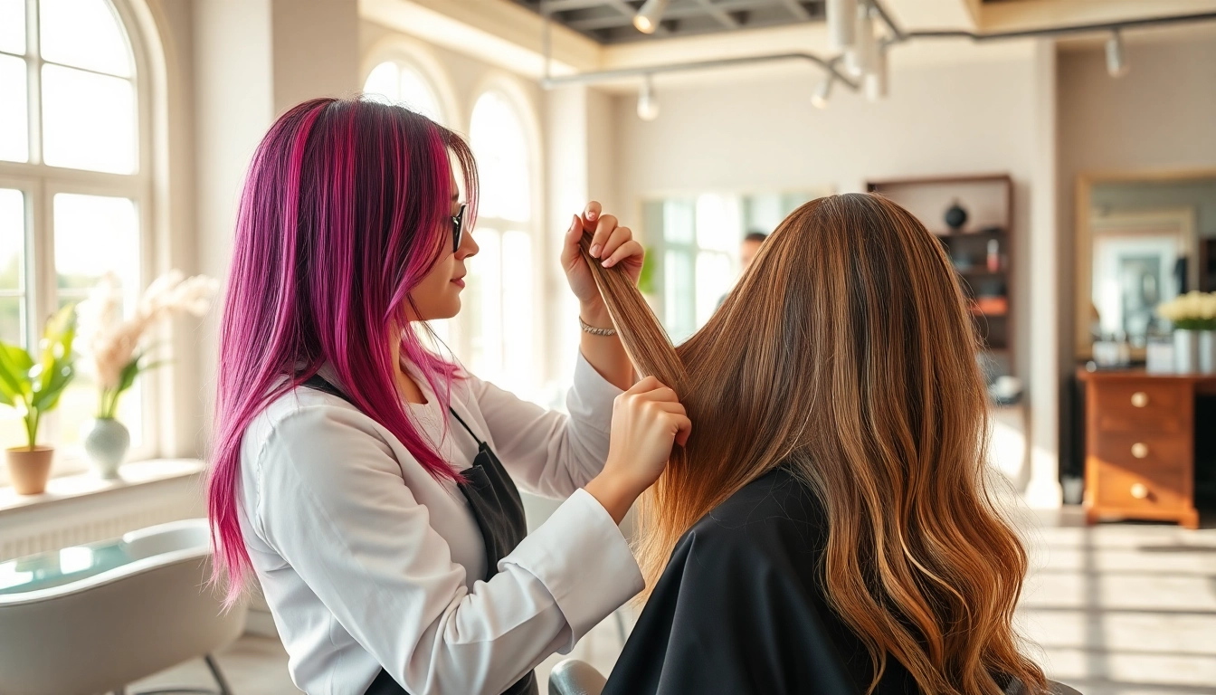 Enhance your look at a salon coafura bucuresti with a stylist creating vibrant hair highlights.